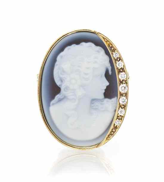 Appraisal: A Karat Yellow Gold Onyx and Diamond Cameo Brooch consisting