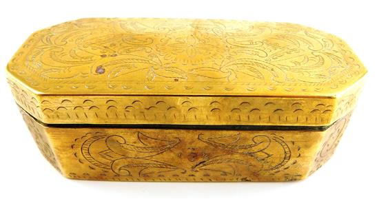 Appraisal: Tobacco box brass possibly Dutch oblong with cut corners engraved