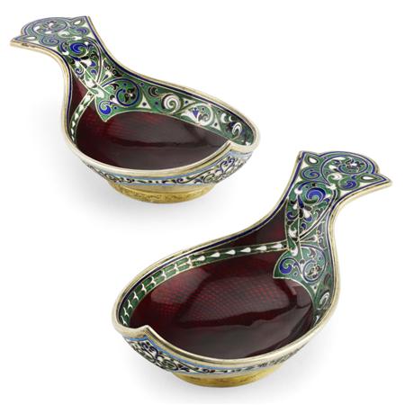 Appraisal: A pair of Russian silver-gilt and enamel kovsch Antip Kuzmichev