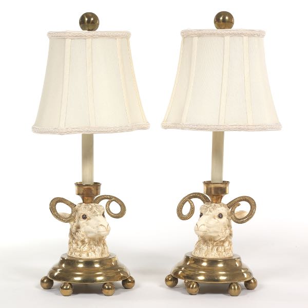 Appraisal: PAIR OF PORCELAIN AND BRASS RAM'S HEAD BOUDOIR LAMPS overall