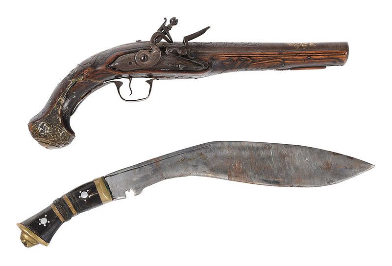 Appraisal: Turkish Ottoman Flintlock Pistol and Gurkha Knife pistol with elaborately