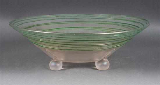 Appraisal: Opalescent glass footed bowl with applied threaded decoration possibly Frederick