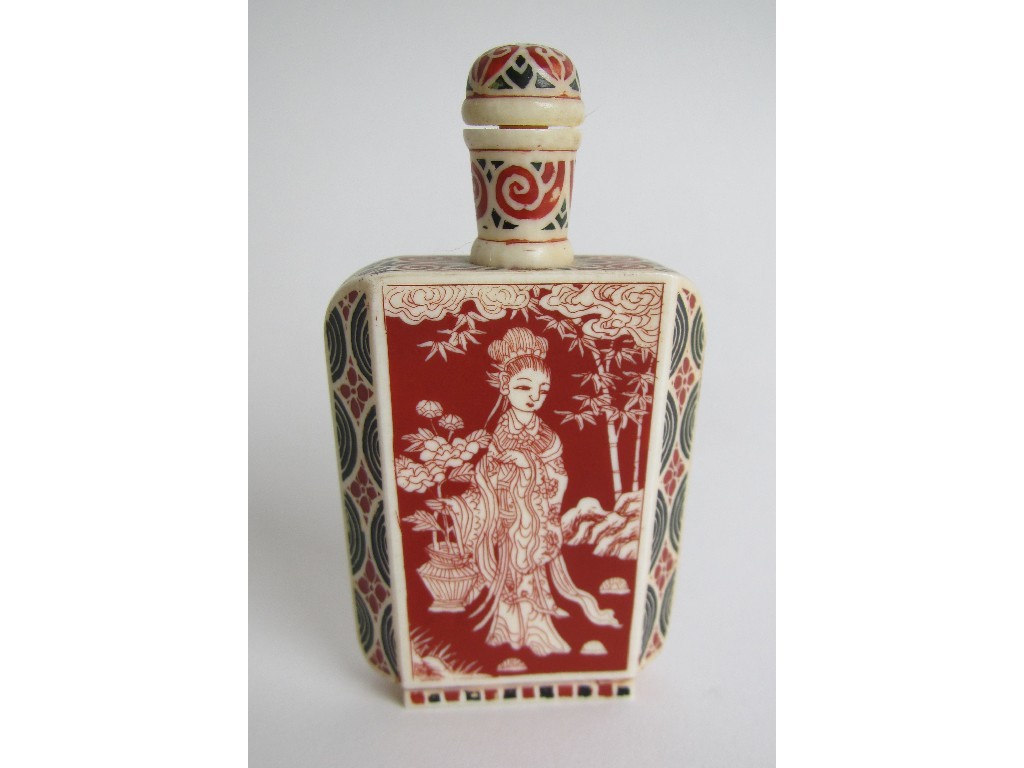 Appraisal: A Chinese ivory snuff bottle finely incised and painted with