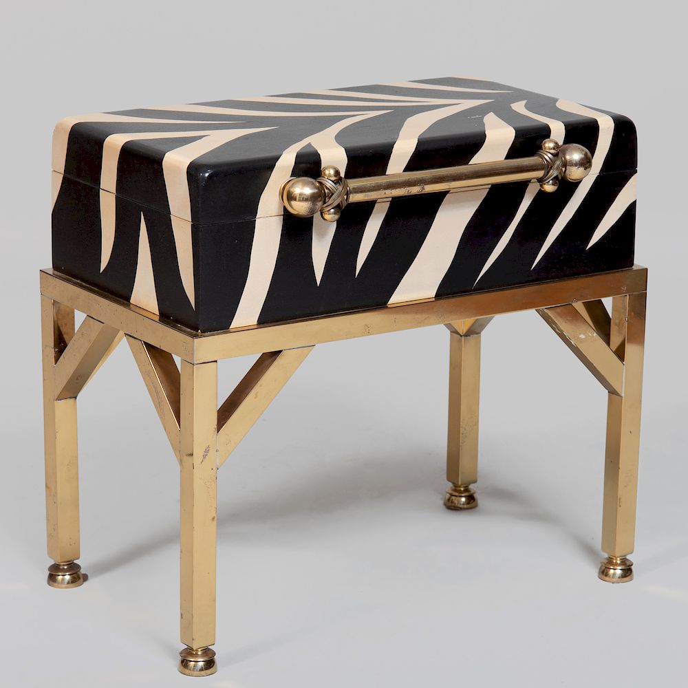 Appraisal: Modern Brass-Mounted Painted Wood 'Zebra' Box on Stand x x