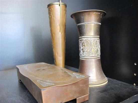 Appraisal: TWO ART NOUVEAU COPPER VASES AND ARMY CLUB BOX