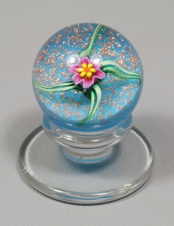 Appraisal: Charles Kaziun pink floral pedestal paperweight gold flecked on turquoise