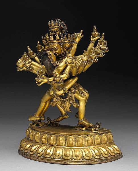 Appraisal: A large Tibetan gilt copper alloy Tantric figural group th