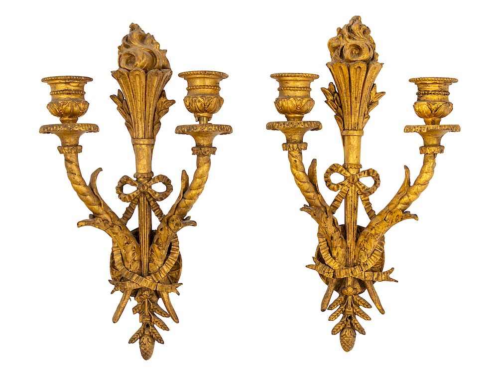 Appraisal: A Pair of Neoclassical Giltwood Two-Light Sconces A Pair of