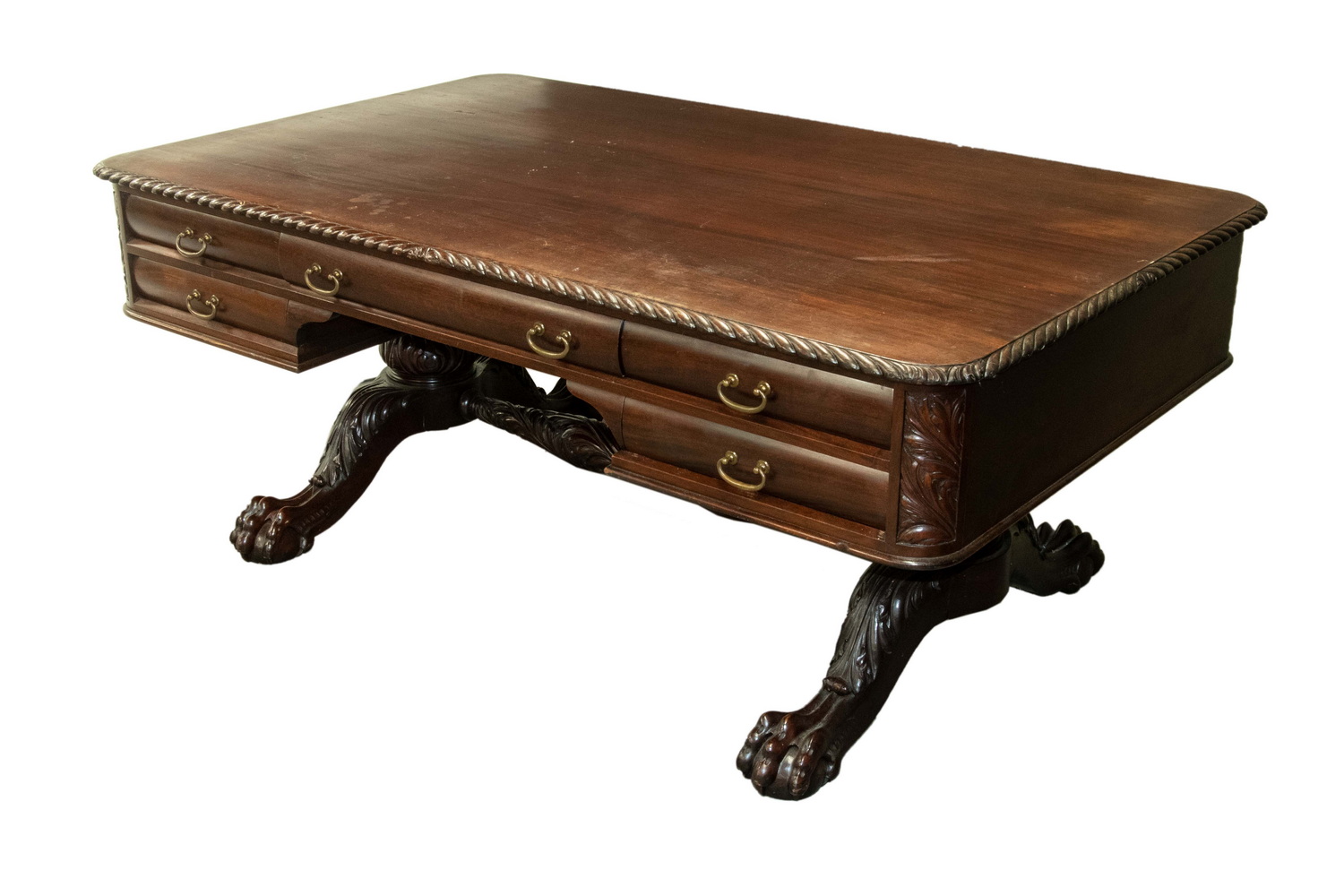 Appraisal: TWO-PART LARGE BUREAU PLAT PARTNER'S DESK ON FANCY CARVED CHIPPENDALE