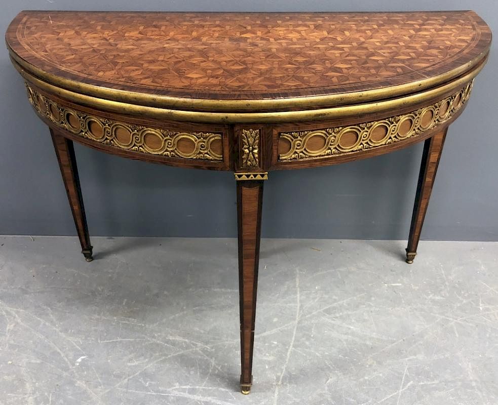 Appraisal: Louis XVI Parquetry Inlaid Demilune Game Table Louis XVI parquetry