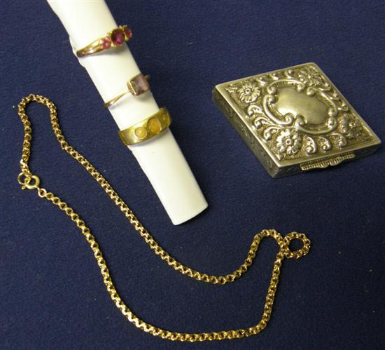 Appraisal: Three rings gold necklace and an Edwardian silver pill box