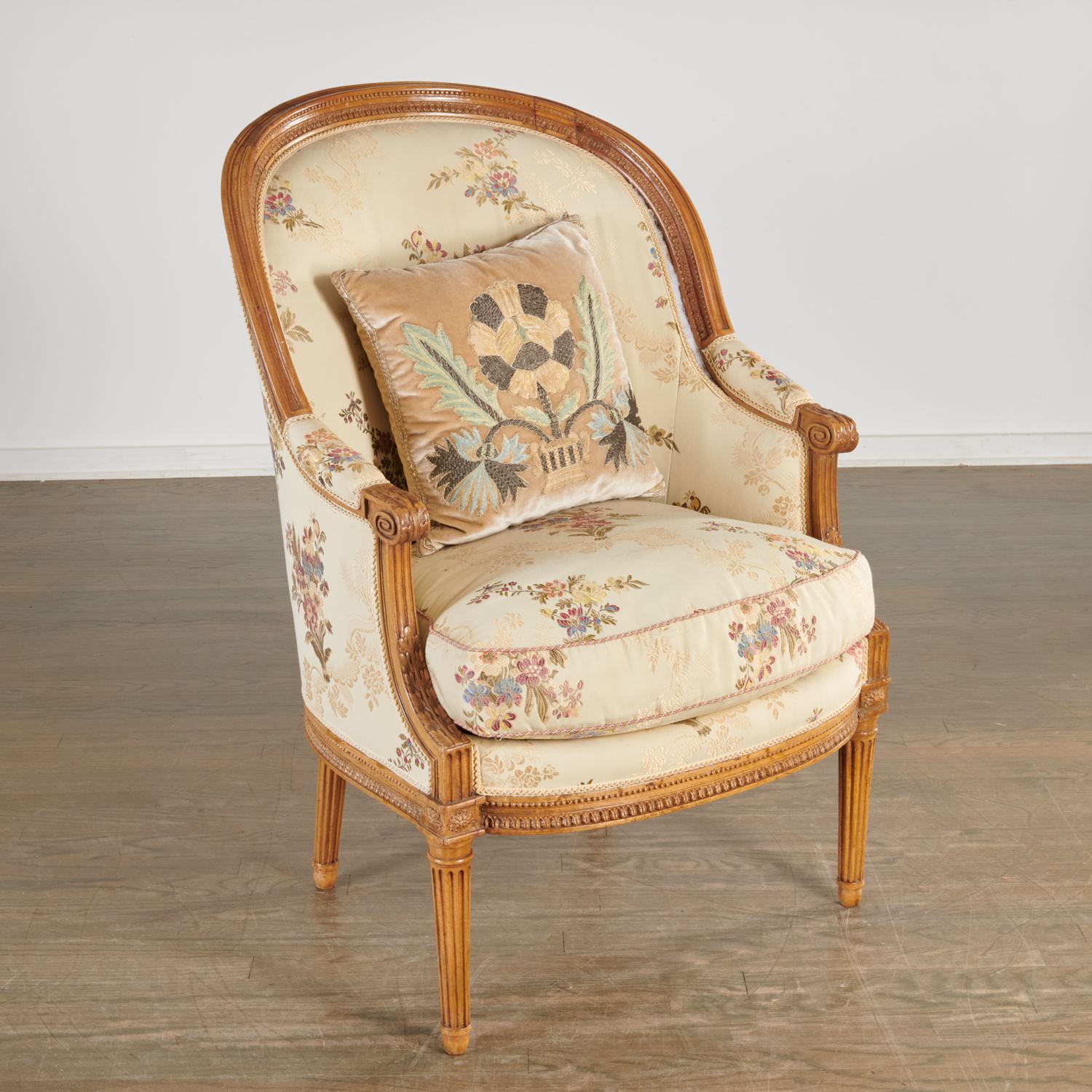 Appraisal: LOUIS XVI STYLE SILK UPHOLSTERED WALNUT BERGERE th c and