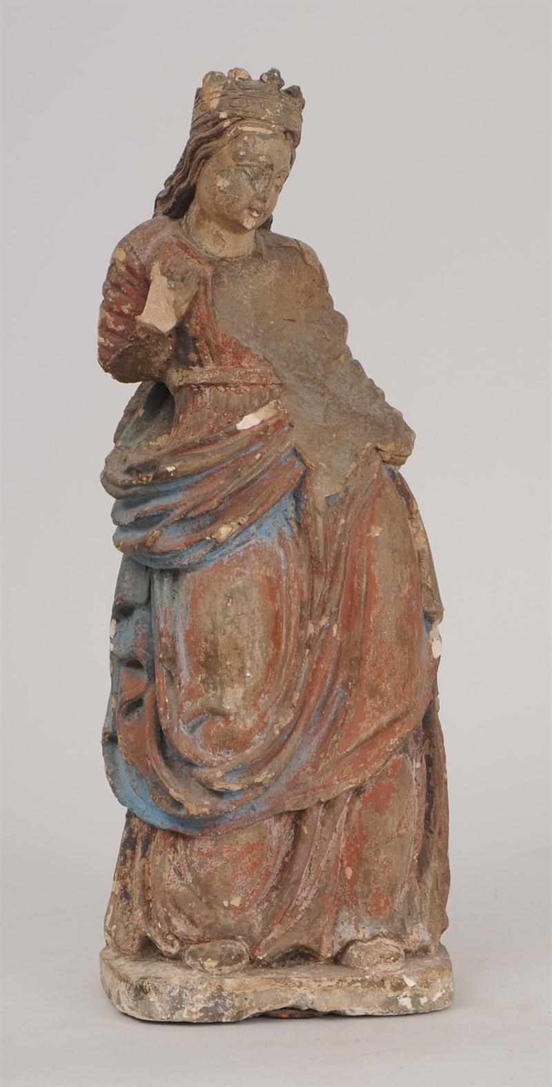 Appraisal: FRENCH POLYCHROME PLASTER FIGURE OF THE MADONNA Wearing a crown