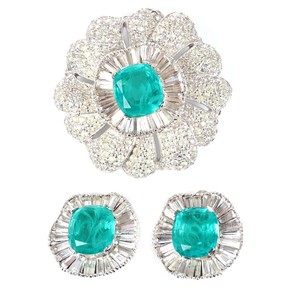 Appraisal: JOMAZ PC RETRO FLOWER BROOCH AND EARRINGS SET WITH EMERALD