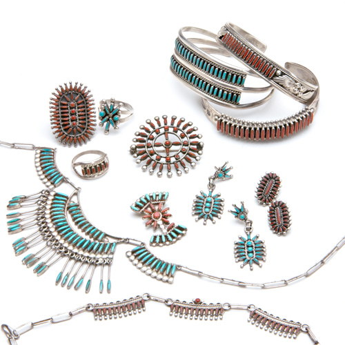 Appraisal: ZUNI Petitpoint red coral and silver and turquoise and silver