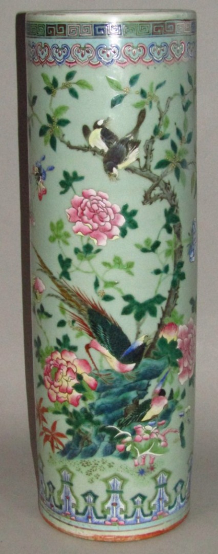 Appraisal: A thC Chinese famille vert cylindrical porcelain umbrella stand decorated