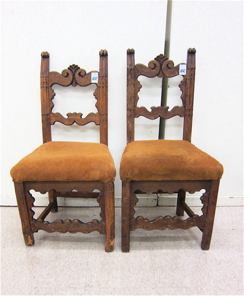 Appraisal: TWO TUSCAN BAROQUE SIDE CHAIRS with brown suede leather covered