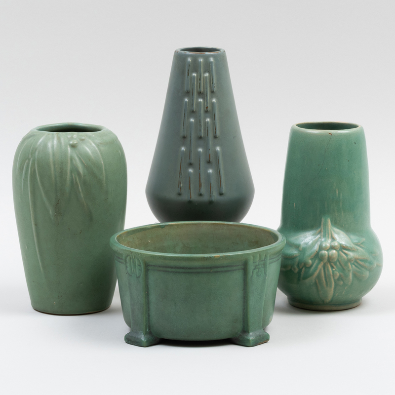 Appraisal: Group of Four American Green Glazed Vessels Unmarked Comprising A