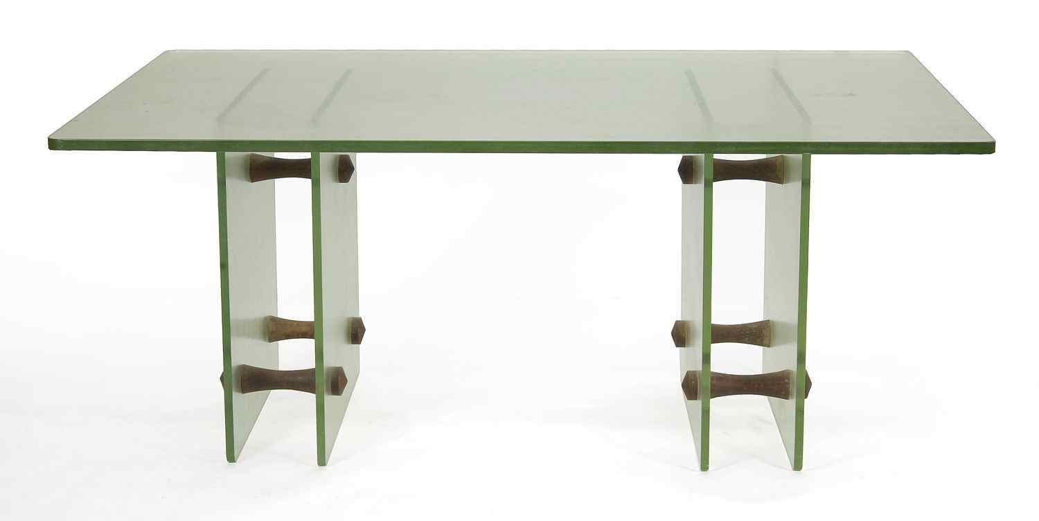 Appraisal: AMERICAN MODERNIST GLASS DINING TABLE th CenturyPale translucent green glass