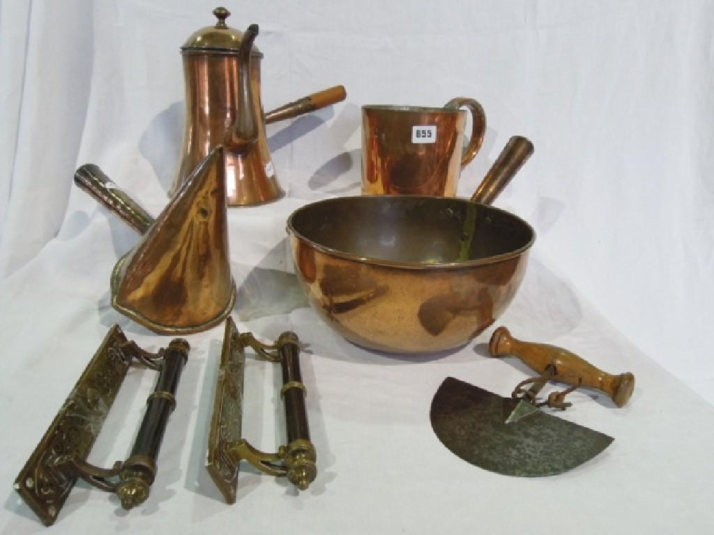 Appraisal: A collection of copper kitchenalia including a coffee pot funnel