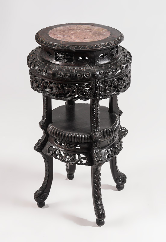 Appraisal: UNUSUAL CARVED CHINESE MARBLE TOP PLANT STAND Round top with