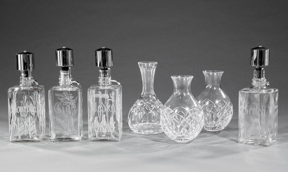 Appraisal: Set of Four Etched Glass Pump Decanters labeled bourbon gin