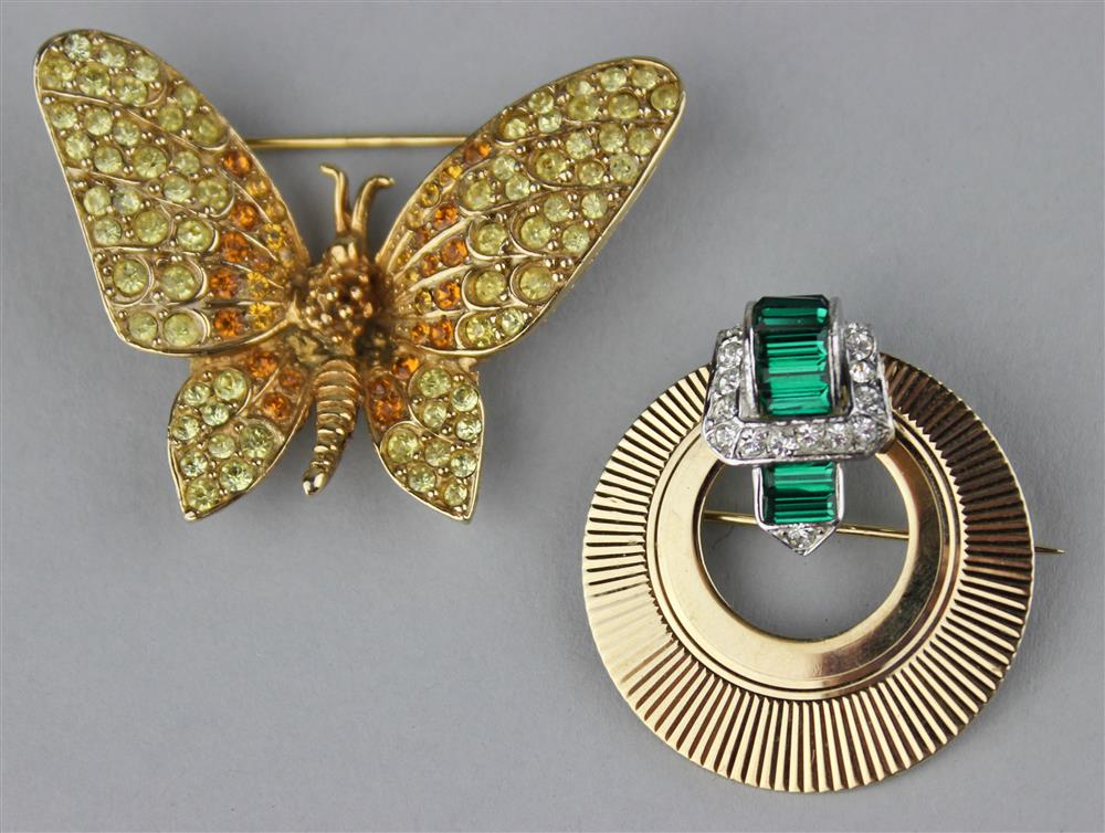 Appraisal: BOUCHER BUTTERFLY PIN TOGETHER WITH BOUCHER CIRCULAR PIN WITH GREEN