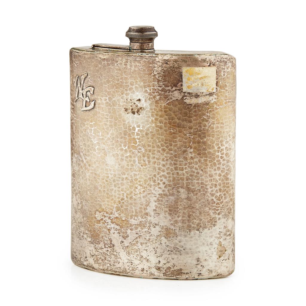 Appraisal: A large hip flask planished finish and applied initials similar