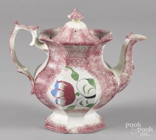 Appraisal: Red spatter teapot with tulip decoration '' h