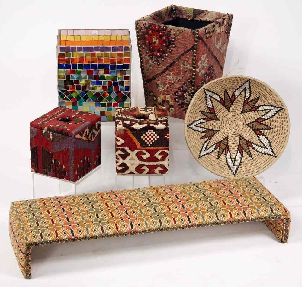 Appraisal: DECORATIVE ACCESSORIES - Including Kilim Covered Wastebasket and two matching