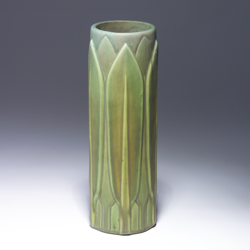 Appraisal: Fine ROSEVILLE Early Velmoss cylindrical vase decorated with broad leaves