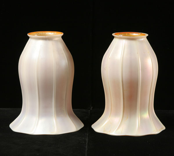 Appraisal: Pair Quezal art glass lamp shades Morning Glory design with