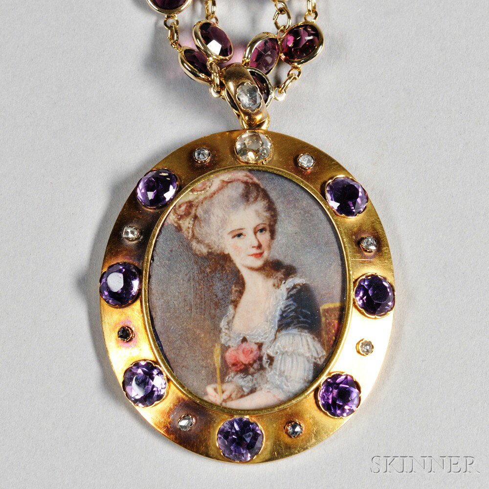 Appraisal: Portrait Miniature Amethyst and Diamond Pendant possibly Italy late th