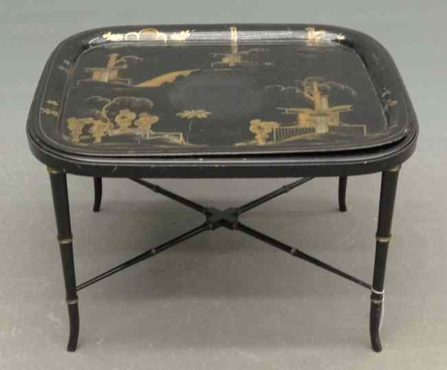 Appraisal: Tole tray on custom base has Asian painted decoration Top