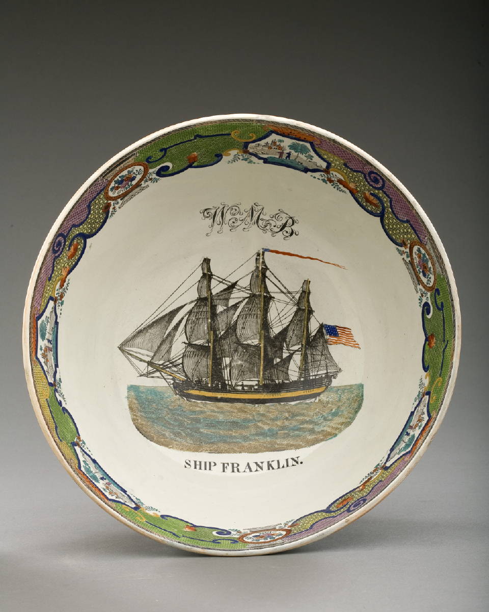 Appraisal: SHIP FRANKLIN ' ENGLISH PEARLWARE ENAMEL-DECORATED AND BLACK TRANSFER-PRINTED BOWL