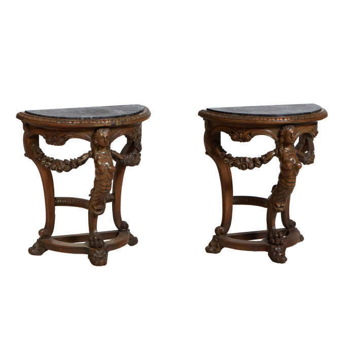 Appraisal: Pair of American Carved Mahogany Marble Top Figural Side Tables