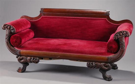 Appraisal: LATE CLASSICAL SOFA American - mahogany Small size with cornucopia-carved