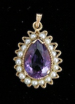 Appraisal: A Pretty Amethyst And Pearl Pendant A pretty teardrop shaped