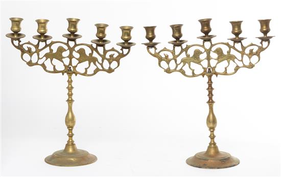 Appraisal: Sale Lot A Pair of Brass Five-Light Candelabra with pierced