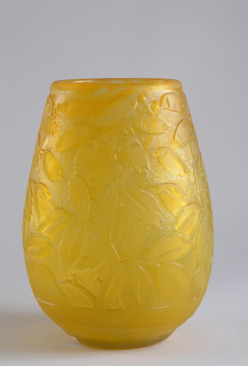 Appraisal: LARGE DAUM ETCHED YELLOW GLASS OVOID VASE Etched with fruiting