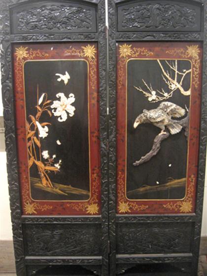 Appraisal: Four panel bone and mother-of-pearl applied screen The highly applied