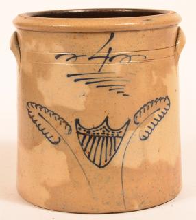 Appraisal: Unsigned Four Gallon Stoneware Pottery Crock Shield and leaf cobalt