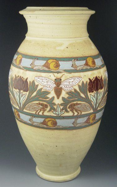 Appraisal: Tall Common Ground Pottery vase with cicadas and poppies and