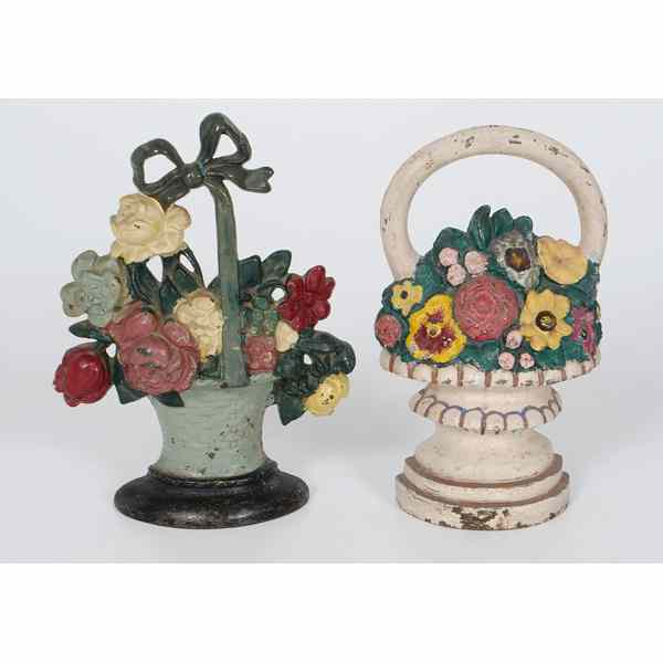 Appraisal: Cast Iron Painted Flower Basket Doorstops American two cast iron