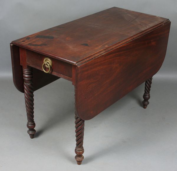 Appraisal: Federal Sheraton Caribbean mahogany Pembroke table with rope-turned legs h