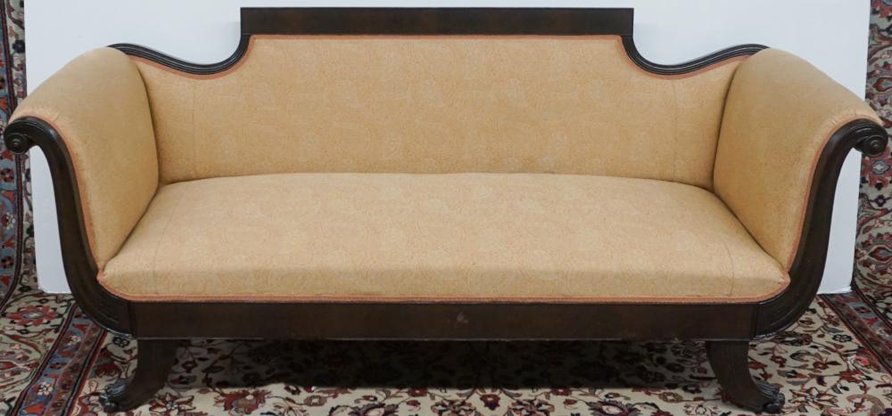 Appraisal: CLASSICAL STYLE MAHOGANY AND UPHOLSTERED SOFA L IN CM Classical