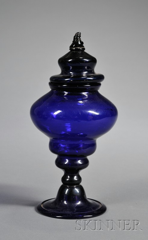 Appraisal: Cobalt Blue Covered Blown Glass Jar early th century swirled