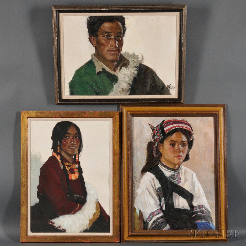 Appraisal: Three Oil Portrait Paintings China Zhao Youping b including one