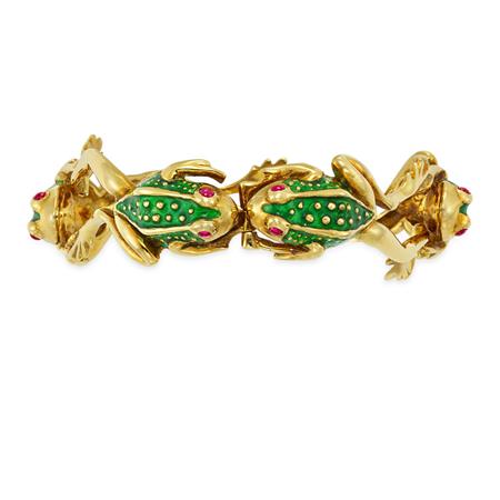 Appraisal: Gold Green Enamel and Cabochon Ruby Frog Bracelet Estimate -