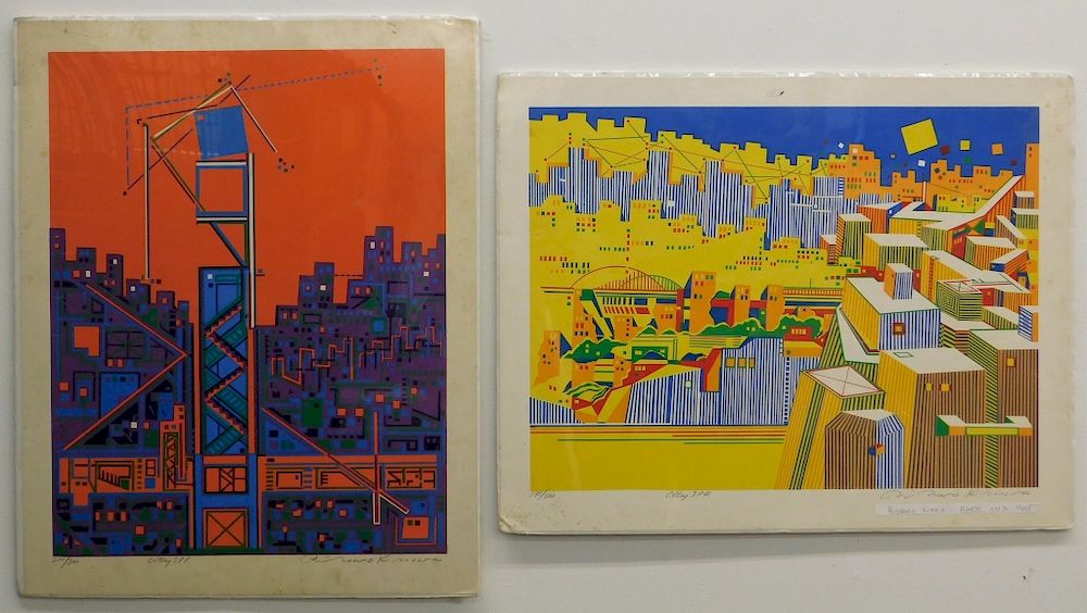 Appraisal: PR Risaburo Kimura Abstract Cityscape Lithographs Risaburo Kimura Japan b